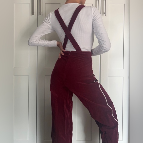 Wide legged/bootcut corduroy ribbed maroon jumpsuit overalls, Forever 21 size XS - Picture 4 of 5